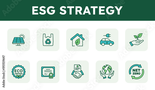 ESG strategy vector icon set. Environmental, social, and governance concepts. Sustainability, net zero, and eco-friendly business symbols. Editable stroke line art illustration.