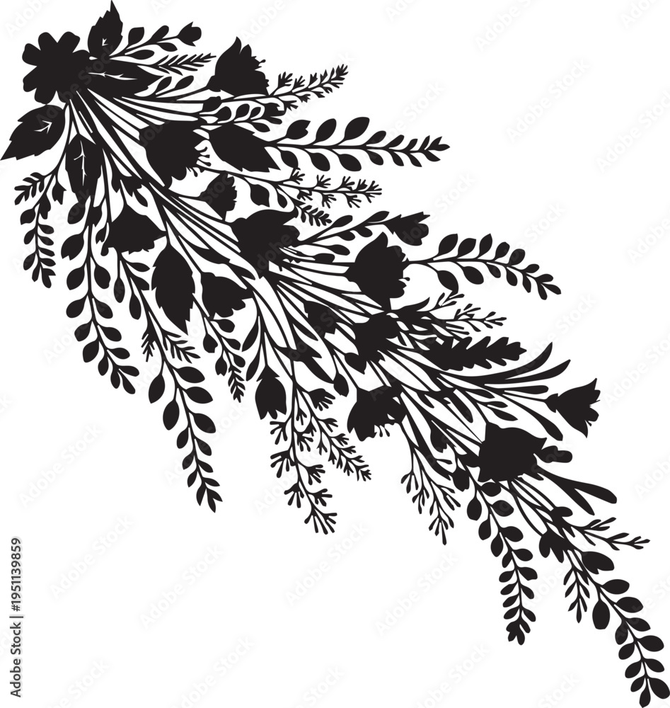 Fototapeta premium Floral bouquet branch silhouette vector illustration line art corner element for graphics