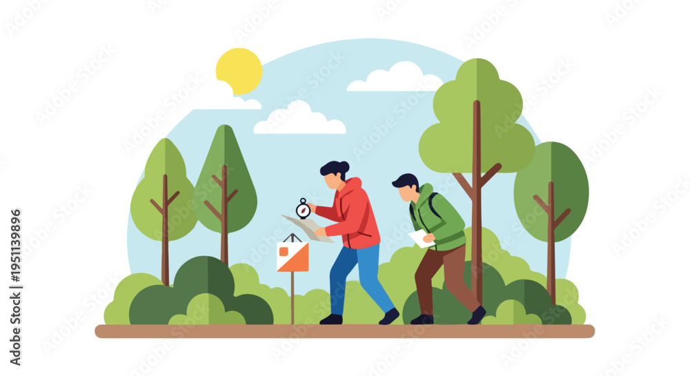 Fototapeta premium Two people navigate a forest with a map and compass during a sunny day