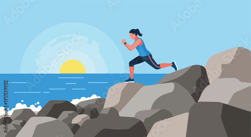 Woman runs on rocky shore against ocean sunrise, embracing active lifestyle