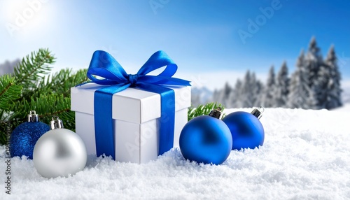 A blue Christmas gift box adorned with shiny ornaments and festive balls rests nestled among snowy fir branches and winter pine decorations for a holiday celebration