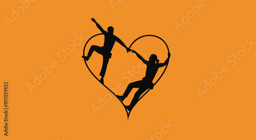 Two black silhouettes of people climbing inside a heart on an orange background