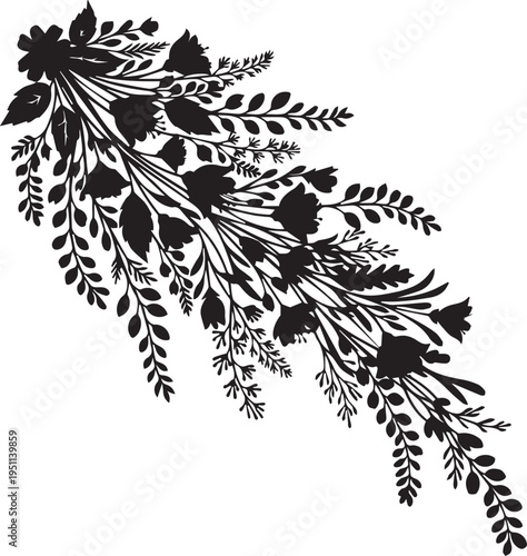 Floral bouquet branch silhouette vector illustration line art corner element for graphics