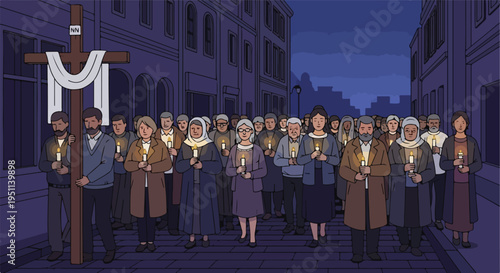 Procession at night with a cross and candles, city buildings