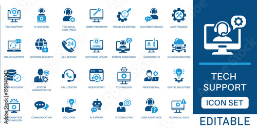 Tech support icon set. featuring IT helpdesk, technical assistance, troubleshooting, customer service, and cloud computing in blue flat design style.