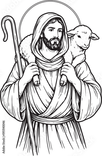 Jesus Christ The Good Shepherd Holding Lamb – Christian Religious Line Art Illustration