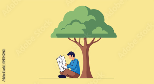 Person sitting under a tree studying a map on a yellow background