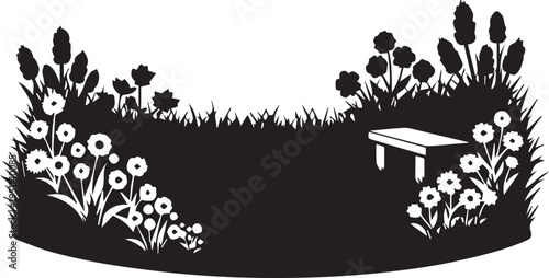 Garden silhouette illustration with bench and flowers vector, park outdoor design element