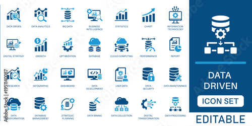 Data driven icon set. featuring big data analytics, business intelligence, database management, and cloud computing in blue flat design style.