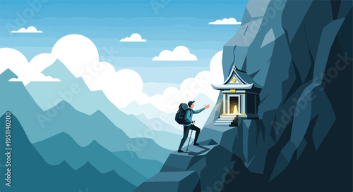 Hiker ascends steep mountain path towards a glowing, ornate sanctuary