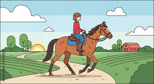 A person rides a horse on a dirt path through a sunny rural landscape with a barn