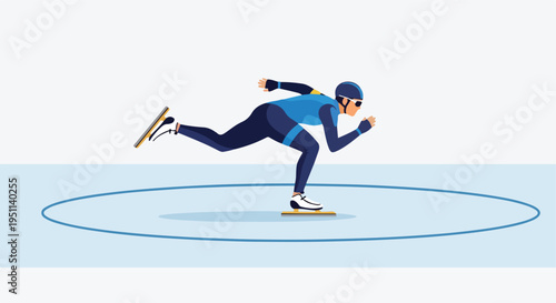 Speed skater in blue suit gliding on ice, focused on forward motion