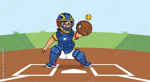 A cartoon catcher in full gear, ready to catch a softball on a field