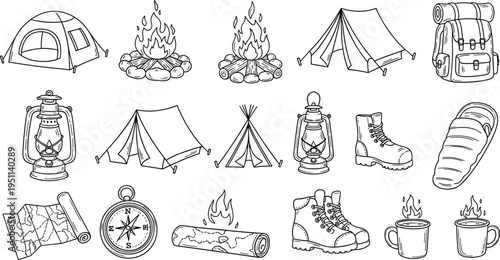 Collection of hand-drawn camping and outdoor adventure equipment icons