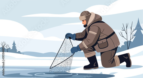 A person in winter clothing uses a net to fish through a hole in ice