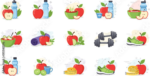 Healthy lifestyle apple icons vector set with fitness, diet, hydration, workout equipment, fresh fruits and wellness elements in modern flat cartoon illustration style