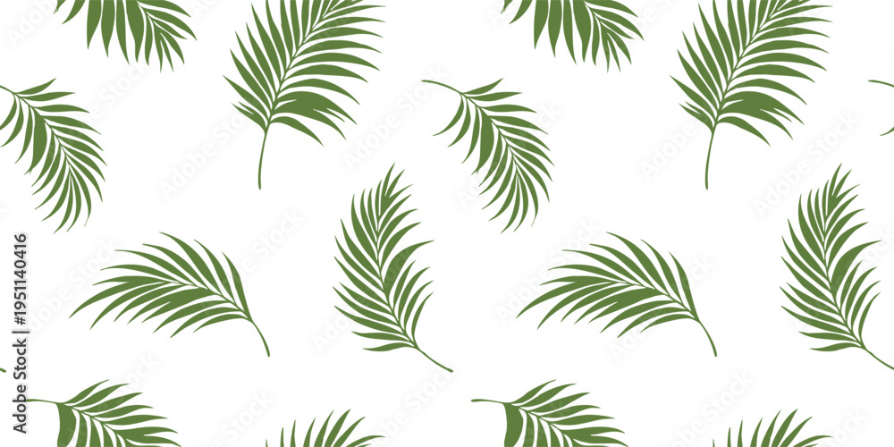 Naklejka premium Seamless tropical pattern with green palm leaves on transparent background. Minimal botanical design in natural tones, perfect for textiles, wallpapers, packaging, and summer branding