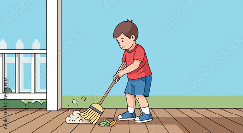 Young boy sweeps deck with broom, gathering dust and leaves