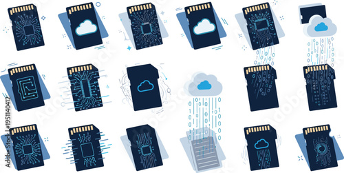 Cloud storage memory card vector set with data transfer, digital backup, microchip circuits and technology elements in modern flat isometric illustration style