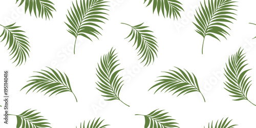Seamless tropical pattern with green palm leaves on transparent background. Minimal botanical design in natural tones, perfect for textiles, wallpapers, packaging, and summer branding