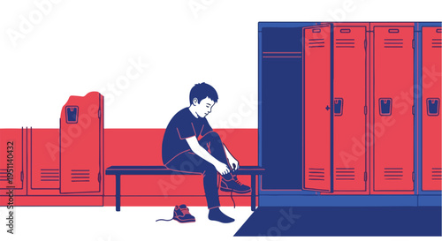 Boy tying shoes in front of red and blue lockers