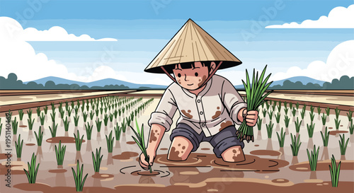 A person in a conical hat plants rice seedlings in a muddy field under a blue sky