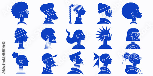 . The collection is organized in a three-by-five grid, with each profile depicted in monochromatic blue tones against a square backdrop. The avatars represent a variety of genders, hairstyles, and acc