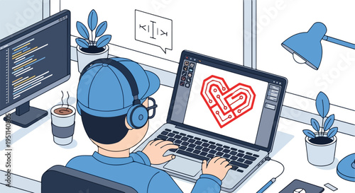 Person coding on laptop with heart circuit design, headphones, and coffee