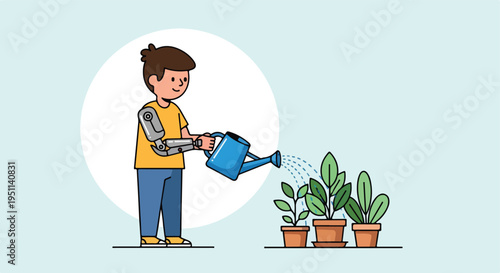 Person with prosthetic arm waters potted plants, illustrating growth and tech
