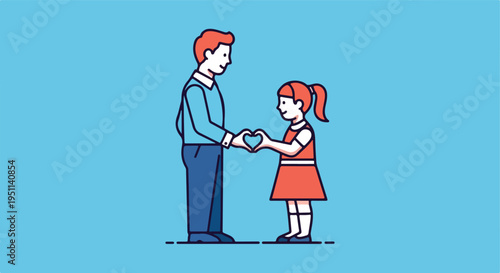 A man and a girl form a heart with their hands against a blue background
