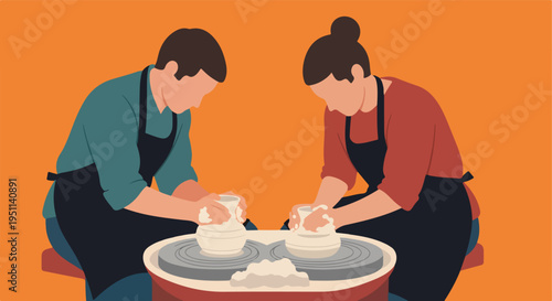 Two individuals focused on crafting pottery at separate wheels, bathed in warm orange light