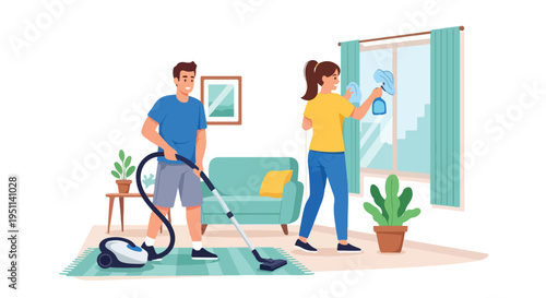 Couple cleaning living room man vacuums, woman wipes window