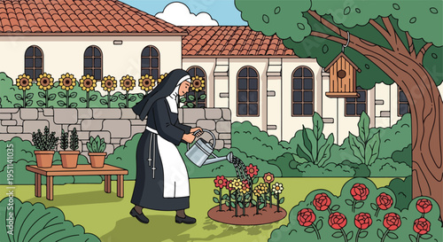 Nun watering flowers in a courtyard garden with a building backdrop