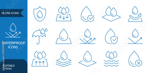 Waterproof line icons set. Water resistant, drops, water protection, moisture Water protection, liquid proof protection out line icon. Vector illustration