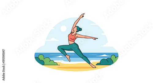 Woman performs yoga pose on beach with ocean and sun in background
