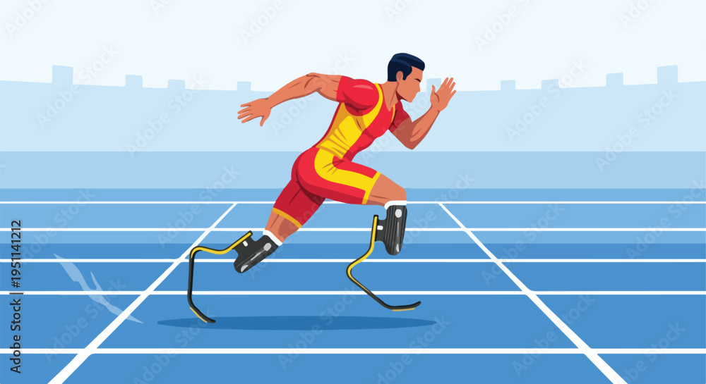 Obraz premium Athlete with prosthetic legs running on a track, determined