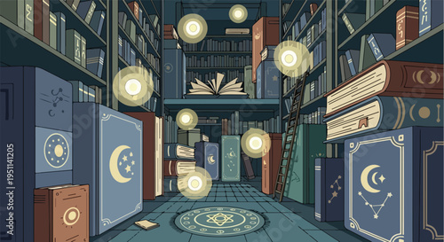 Magical library filled with glowing orbs, celestial-themed books, and occult symbols