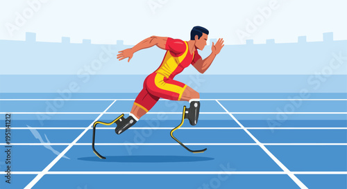 Athlete with prosthetic legs running on a track, determined