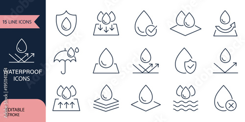 Waterproof vector line icon set. Contains linear outline icons like Water Protection, Water Resistant, Drops, Moisture, Anti Wetting Material, Hydrophobic, Weatherproof, Rain. Editable use and stroke
