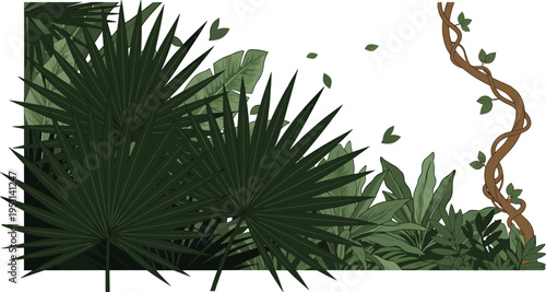 Lush Tropical Background Featuring Dark Green Fan Palm Leaves Exotic Jungle Foliage and Climbing Liana Vines Isolated on White Background for Nature Design Projects