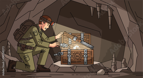 Adventurer kneels before an open treasure chest in a dimly lit cave