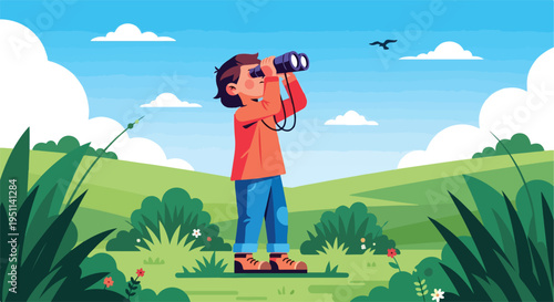 A child with binoculars surveys a vibrant green landscape under a blue sky