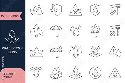 Waterproof vector line icon set. Contains linear outline icons like Water Protection, Water Resistant, Drops, Moisture, Anti Wetting Material, Hydrophobic, Weatherproof, Rain. Editable use and stroke