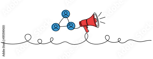 Megaphone broadcasting to network icons on continuous line layout. no editable strokes