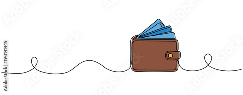 Leather wallet open with cards fanned on line surface. no editable strokes