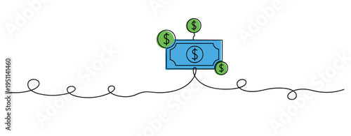 Dollar bill with coins floating on continuous line illustration. no editable strokes