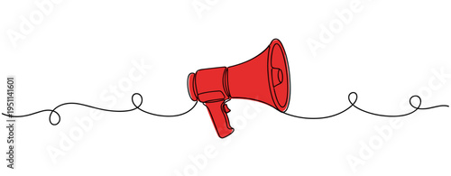 Red megaphone positioned on continuous line background. no editable strokes