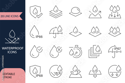 Waterproof vector line icon set. Contains linear outline icons like Water Protection, Water Resistant, Drops, Moisture, Anti Wetting Material, Hydrophobic, Weatherproof, Rain. Editable use and stroke