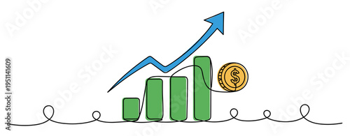 Bar chart rising with arrow and coin on white background. no editable strokes