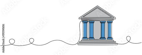 Classical bank building connected by continuous line on white. no editable strokes